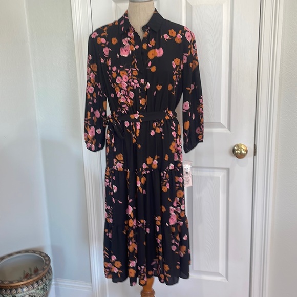 Nanette Lepore dress floral tiered button down Tie waist black pink size 10 - Picture 15 of 15